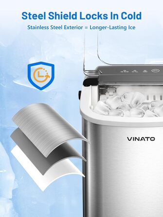 VINATO Льодогенератор портативний для дому та офісу, 12 кг/24 год, срібний. Швидке виробництво льоду (6-8 хв), з лопаткою та кошиком.