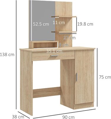 Туалетний столик HOMCOM з шафою, дзеркалом, ящиком і полицями, 90x38x138 см, Клен