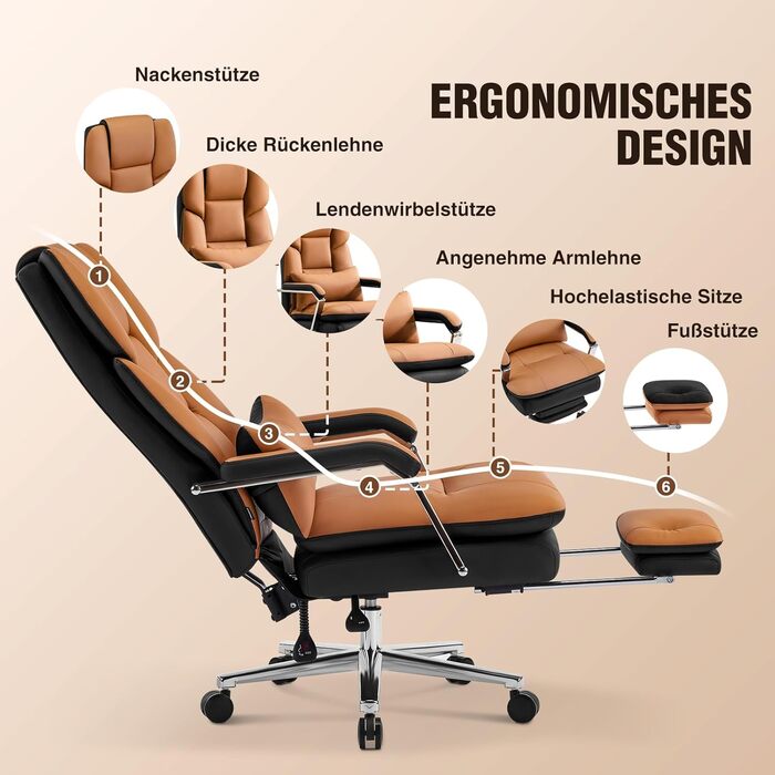 Ергономічне крісло для офісу, шкіра PU, крісло для начальника, 200 кг, з підніжкою та підтримкою попереку, для дому та офісу, регульоване, висока спинка, чорне, 1 шт.