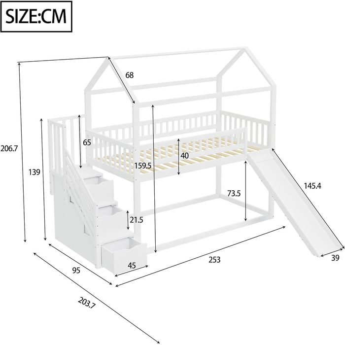 Двоярусне ліжко для дітей з драбиною, біле. Ліжко-горище, ліжко-ігровий майданчик, ліжко-крісла для підлітків, каркас двоярусного ліжка з ламелями, без матрацу.
