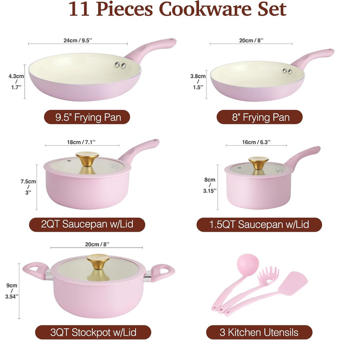 Набір посуду 11 предметів з антипригарним покриттям, кераміка, індукційний, без PFOA, рожевий HC3302-11PG