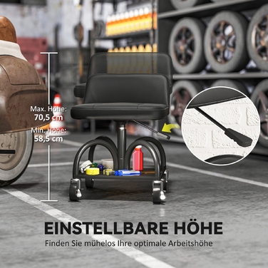 Зручний стілець-табурет для майстерні на колесах з полицею, висотою 58,5 см, здатний витримувати навантаження до 135 кг, чорного кольору.