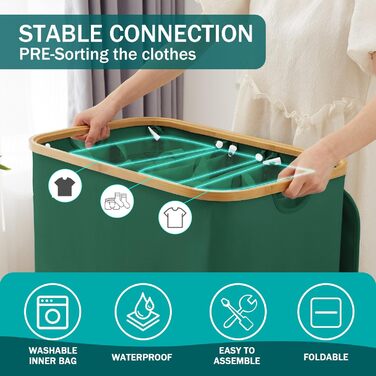 Кошик для білизни Youdenova з кришкою, великий, 160л, бамбук/дерево, сортувальник, білий