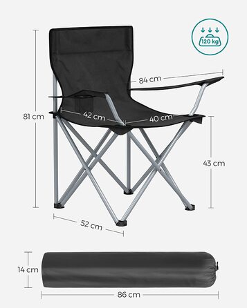 Крісло для кемпінгу, комплект з 2 шт. , розкладний стілець для вулиці, рибальське крісло з підлокітниками і підстаканником, переносне, складне, з можливістю завантаження до 120 кг, для кемпінгу, саду, пляжу, тераси, чорний GCB01BK