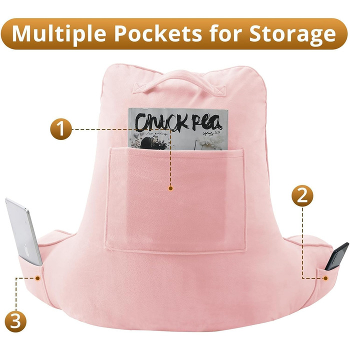 М'яке спинне крісло-подушка Sasttie для ліжка, рожеве, з кишенями та підлокітником