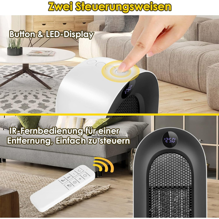 Електричний обігрівач Nictemaw 2000W з керамічним нагрівачем, 3 режими, захист від перекидання, таймер 12 год, осциляція 100°, пульт ДУ, для дому та офісу, білий