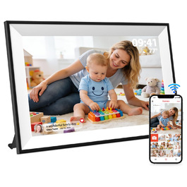 Цифрова фоторамка Frameo 10.1 дюймів WLAN, Full HD IPS сенсорний екран 1280x800, 32GB пам'ять, автоматичний поворот, можливість монтажу на стіну, керування через додаток Frameo (Чорна з білою рамкою)