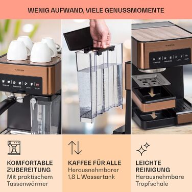 Еспресо-кавоварка Klarstein з капучинатором, 1,8 л, нержавіюча сталь, 20 бар, 1350W, для меленої кави, мідна