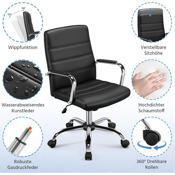 Крісло офісне Yaheetech чорне з підлокітниками, регульоване, на коліщатках для дому/офісу