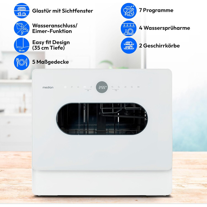 MINI посудомийна машина MEDION DWT51 (біла, зі скляними дверцятами, 5 комплектів посуду, таймер, без підключення до води)