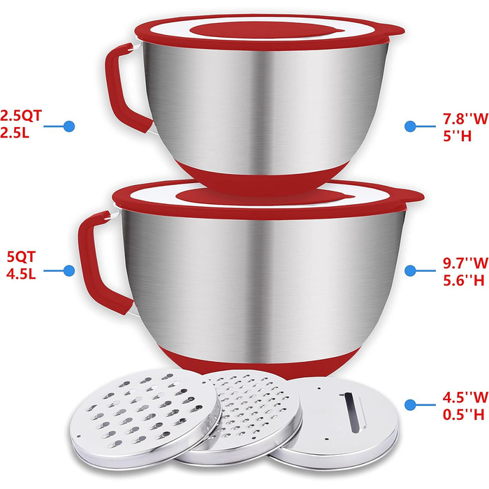 Набір мисок для перемішування HAPPY KIT з кришкою, 18/8 нержавіюча сталь, з виливом, протиковзкий, з 3 тертками, мірними позначками, розмір 5, 3QT (чорний), 2 шт.