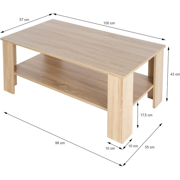Місткий журнальний столик з полицею для вашої вітальні, 100x57x43 см, Прямокутний, Сучасний стіл для вітальні, Дерев'яний журнальний столик, Стіл для вітальні з місцем для зберігання, Журнальний столик (дуб сонома)