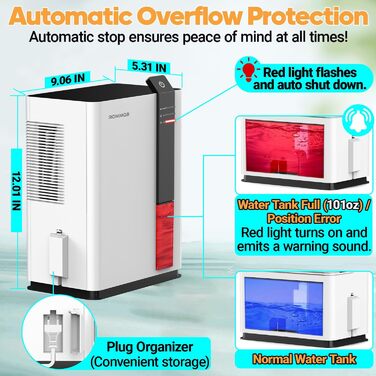 Електричний осушувач повітря ROMMQB 3000 мл: для підвалу, ванної, спальні, квартири, з автовимкненням та нічним підсвічуванням