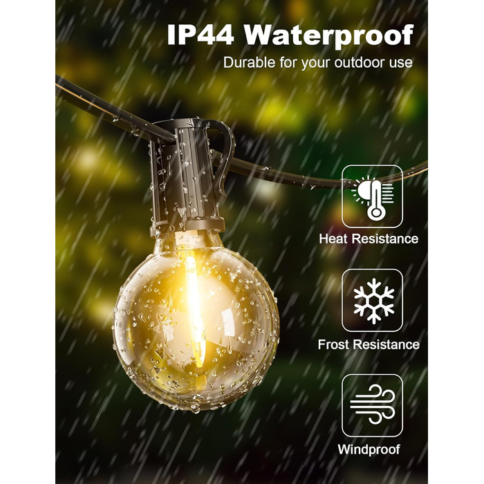 LED гірлянда для вулиці, 20.7м, з таймером, 30+1 лампочки G40, диммування, IP44, для декору саду, балкону, дому