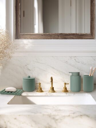 Набір аксесуарів для ванної кімнати 4 шт. з кераміки: дозатор для мила 350 мл, стакан для зубної пасти, мильниця, контейнер для ватних паличок. Декоративний набір для раковини (зелений)