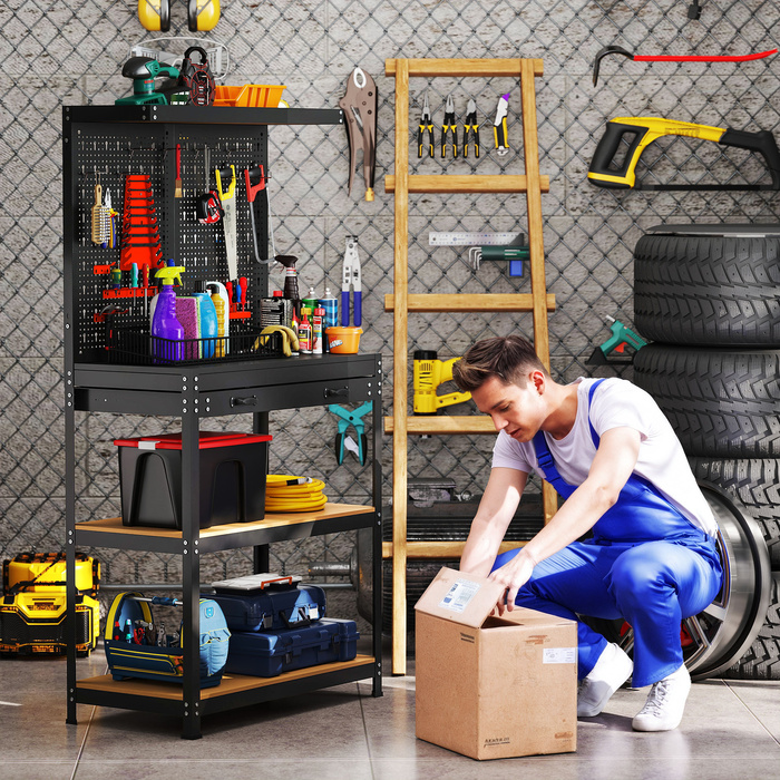 Робочий стіл 80 x 40,5 x 155 см: інструментальний стіл з перфорованим щитом, гачками, ящиком та 2 полицями для майстерні, чорний