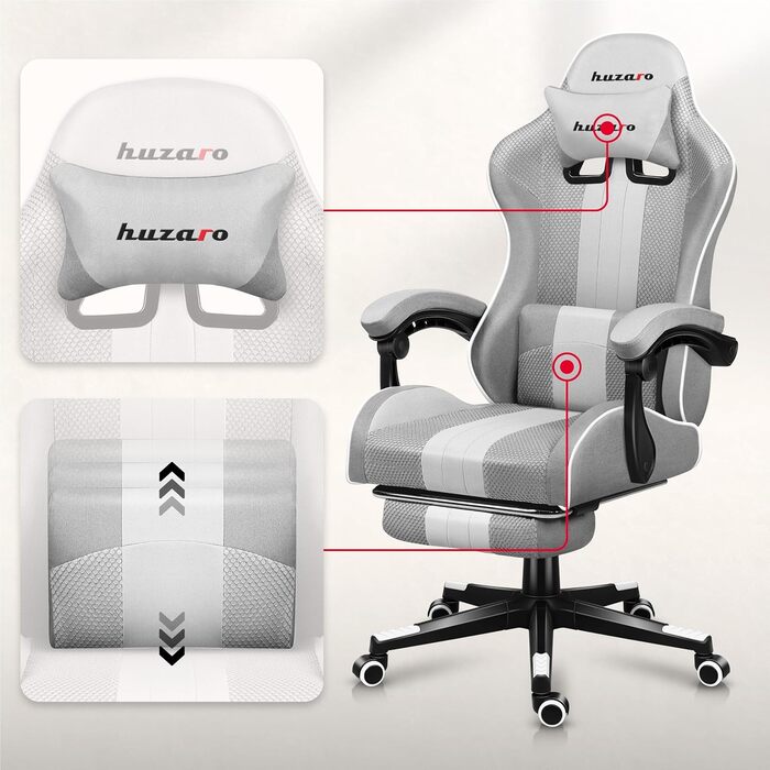 Ігрове крісло Huzaro Force 4.7 Grau Mesh - крісло для офісу та ігор до 140 кг з підніжкою та підтримкою спини