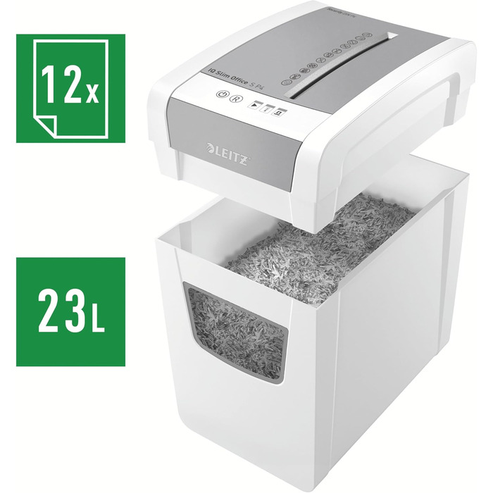 Шредер Leitz IQ Office S Slim: безпечне знищення документів, P4, 12 листів, тихий, 23L, білий