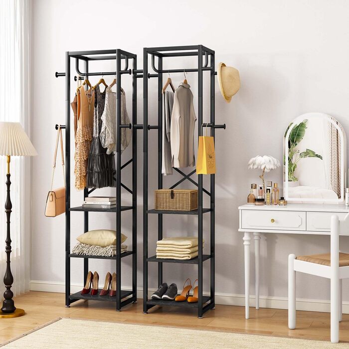 Підставка для одягу IBUYKE, вішалка для одягу з 3 полицями та 8 гачками, індустріальна вішалка для передпокою, коридору, спальні, природа та білий, TMJ088R, Природний та Білий (180 x 40 x 30 см, Чорний)