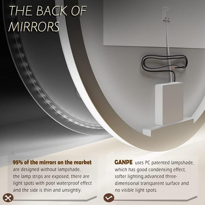 Дзеркало з LED сенсором, кругле, з індукційним датчиком руху, для макіяжу, з підсвічуванням, регульоване освітлення, антизапарник, водонепроникне (IP44), для ванної кімнати, настінне, діаметр 70 см