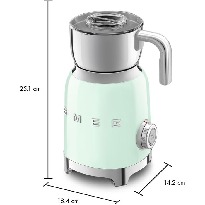 Пінсувальник молока Smeg MFF11PGEU, багатофункціональний, індукційний, 6 програм, ручний режим, скляна колба 600 мл, мірна кришка, вбудований переливання, 500W, пастельно-зелений