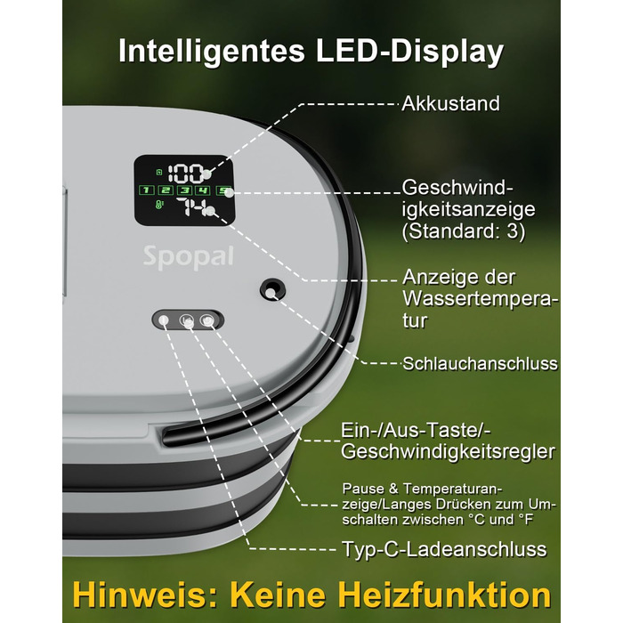 Campingdushe з насосом 20л, портативний душ з акумулятором 13000mAh, LED-індикатор, 5 режимів, для кемпінгу, подорожей, миття тварин