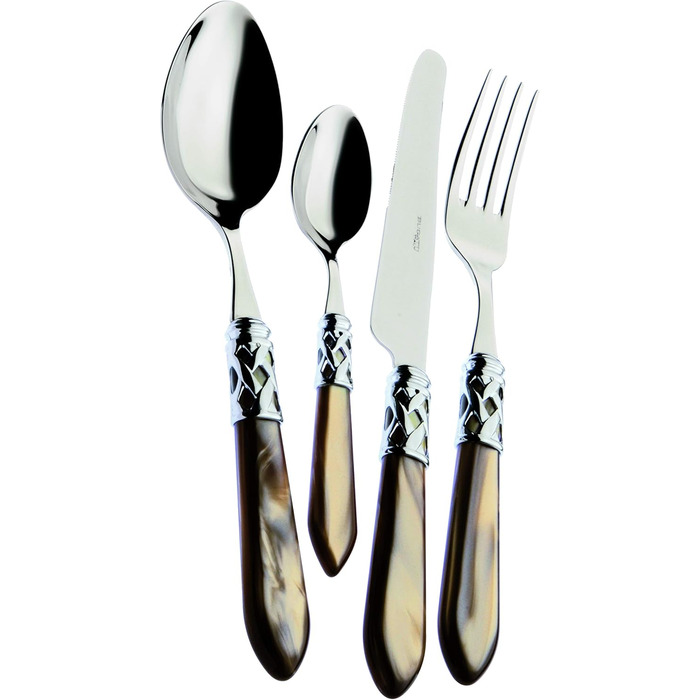 Набір столових приборів Bugatti Aladdin 24 шт. з нержавіючої сталі 18/10, хромуванням та ручками кольору онікс з перламутровим ефектом. Комплект на 6 осіб: 6 ложок, 6 виделок, 6 ножів та 6 чайних ложок