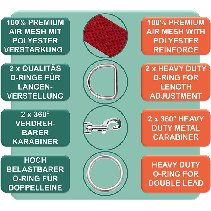 Повітряна сітка для собак DEY-преміум-класу, 2 м, Регульована в 3 рази, для маленьких, середніх і великих собак, багато квітів, подвійний поводок для собак, кішок, цуценят, поводок, Червоний, S S/M - 2,0 x 200 см червоний