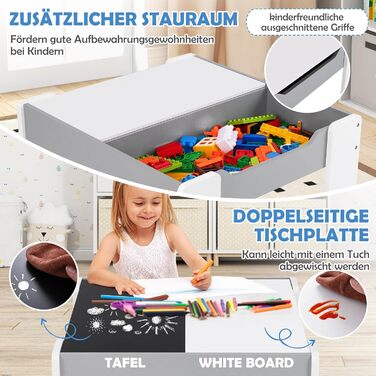 Дерев'яний дитячий стіл з 2 стільцями DREAMADE, 3-х частинний набір меблів для дітей, стіл з двосторонньою поверхнею та місцем для зберігання, набір меблів для хлопчиків та дівчаток (білий, світло-сірий)