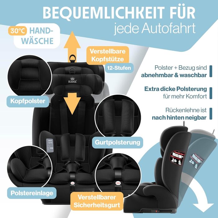 Автокрісло KIDIZ® 1+2+3 для дітей 9-36 кг з 5-точковим ременем безпеки, регульованою підголовником (чорне), Isofix