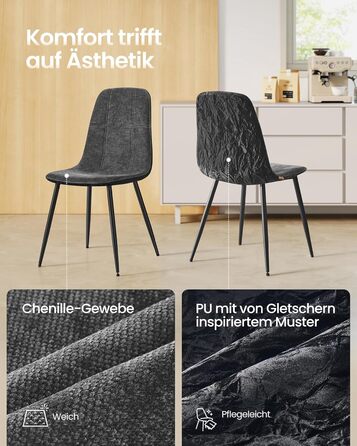 Набір з 2-х обідніх стільців VASAGLE, сірий, з м'яким сидінням, металеві ніжки, регульовані, з тканини Chenille, PU з малюнком, легкий у догляді