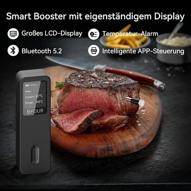 Термометр для м'яса BFOUR BF-30 PRO: бездротовий Bluetooth термометр для гриля з підключенням до додатку, LCD-дисплей, IP67 водонепроникний, для BBQ, духовки, гриля, кухні (чорний)