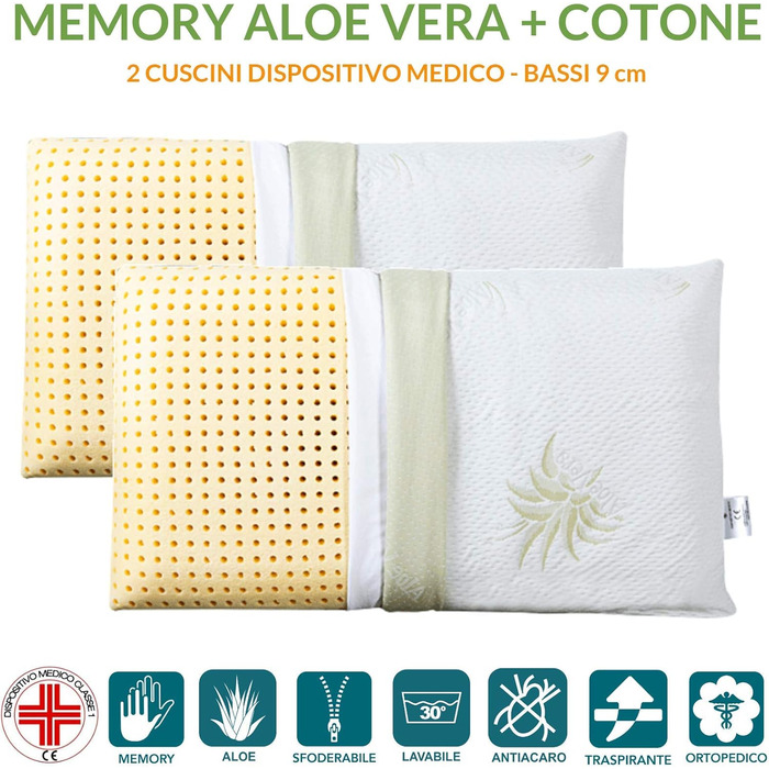 Ортопедичні подушки EVERGREENWEB 2 шт. з віскоеластичної піни 40x70x12 см з чохлом з алое вера. Виробництво Італія.