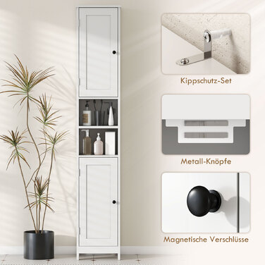 Шафа для ванної кімнати HOMCOM - витончена та функціональна. Компактний дизайн (30 x 30 x 170 см) з дверцятами та відкритими полицями. Колір: білий.