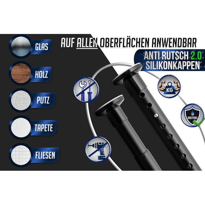 Телескопічна штанга для кріплення 260-310 см, матовий чорний, Ø 25 мм, багатофункціональна штанга без свердління. Підходить для штор, душових штор, ванних кімнат та балконів.