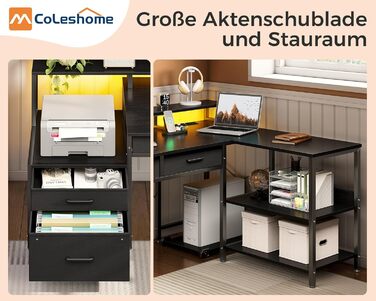 Комп'ютерний стіл Coleshome L-подібний з ящиками, 195x100 см, з розеткою, LED-підсвічуванням та підставкою для монітора, геймінговий стіл, чорний