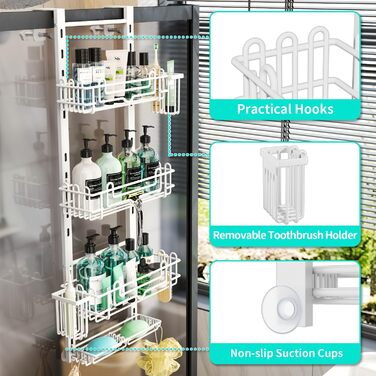 Настінна поличка для душу HapiRm з 22 гачками та 2 тримачами для зубних щіток - 4 яруси, білий