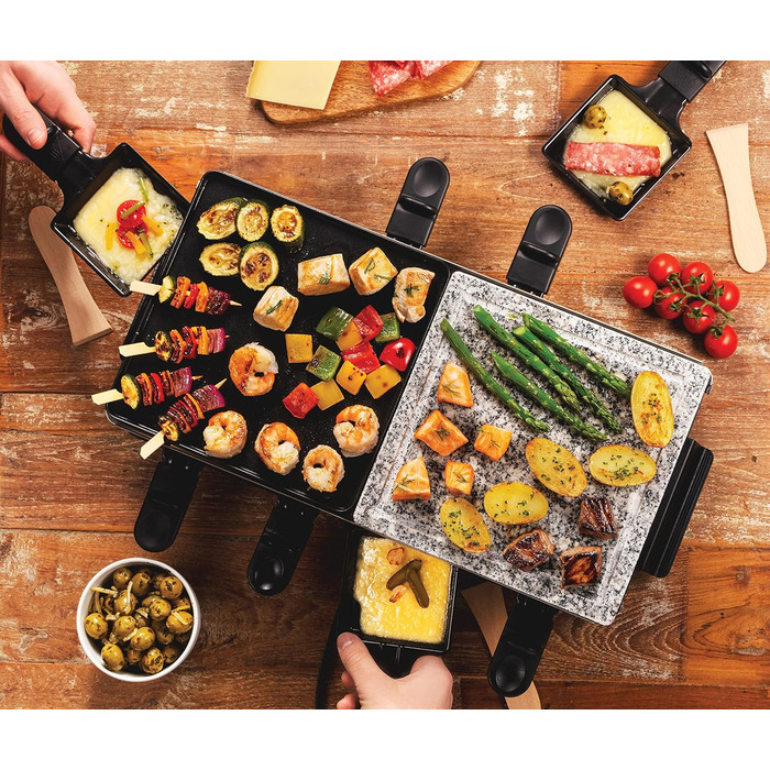 Ракуетниця Russell Hobbs Raclette Grill 8 осіб з 8 сковородами та дерев'яним шпателем, 2 грильні поверхні: з натурального каменю з жолобом для соку та антипригарне поворотне решітка/Teppanyaki, гриль для піци, 26280-56