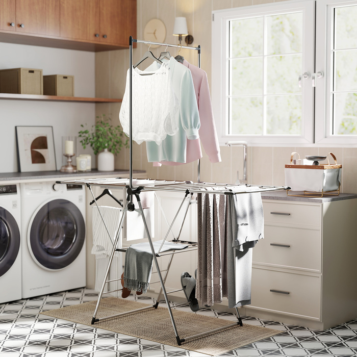 Сушилка для білизни складна, підлогова з регульованими крилами, тримачами для взуття, нержавіюча сталь, 156,5 x 68 x 192 см, срібляста