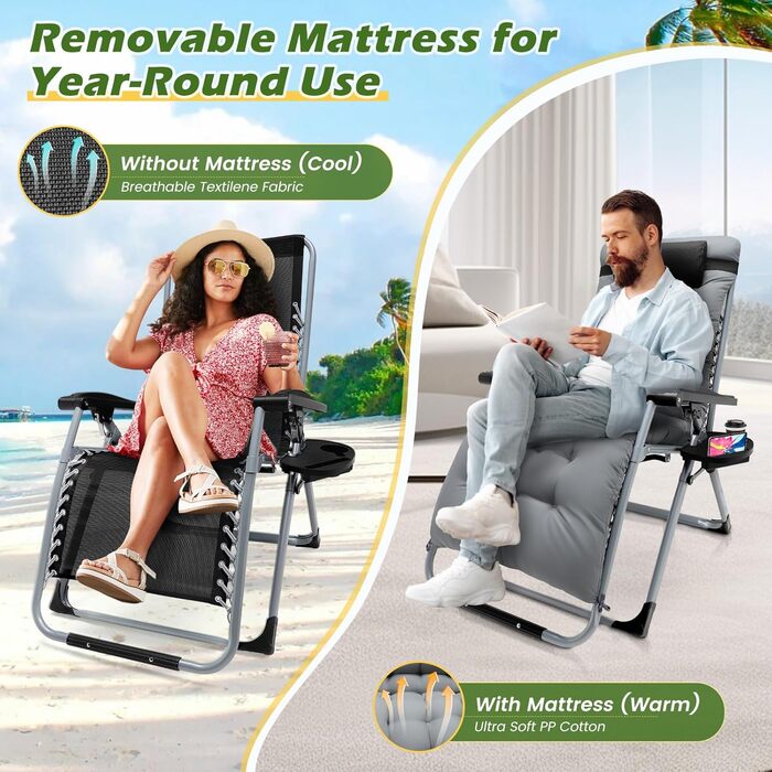 Шезлонг для відпочинку, розкладний, широка спинка 72 см, для саду, патіо, пляжу, басейну, з подушкою, 200 кг (Світло-сірий)