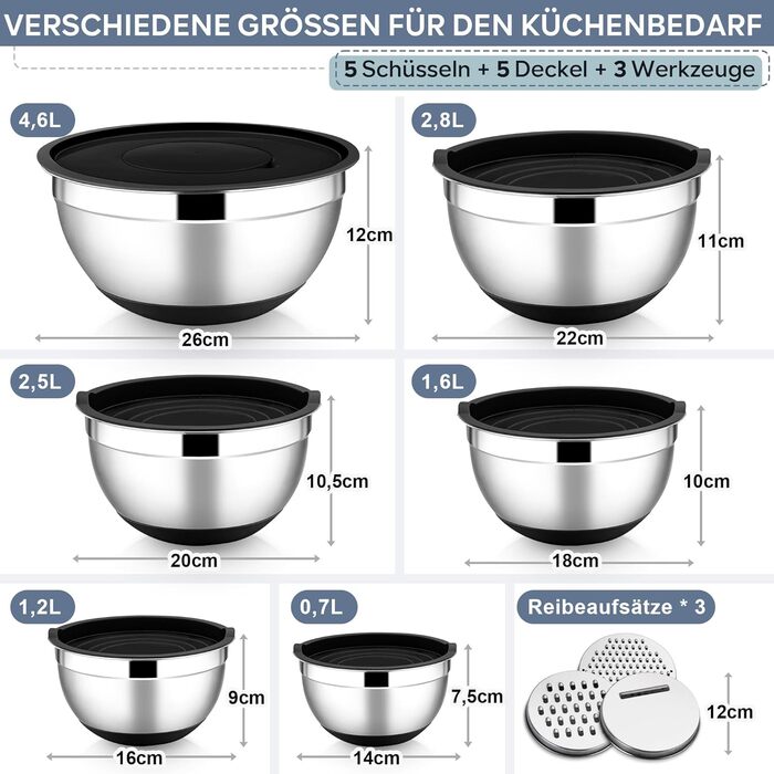 Набір мисок HaWare 6 шт. з нержавіючої сталі, набір салатників з герметичними кришками та 3 насадки для тертя, об'єм 4,6/2,8/2,5/1,6/1,2/0,7 л, антиковзний силіконовий низ, придатні для миття в посудомийній машині, чорний колір