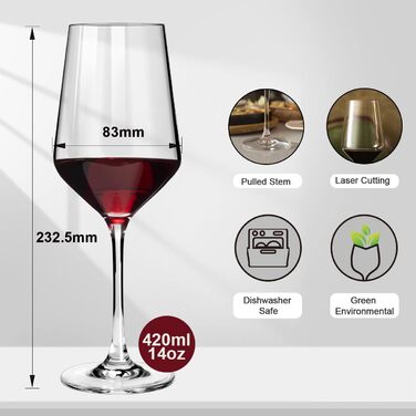 Набір келихів для вина PROST! 6 шт., 491 мл, з кришталевого скла без свинцю, для червоного та білого вина, 496 мл, підходить для миття в посудомийній машині