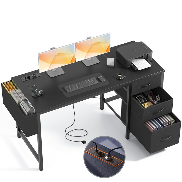 Компактний письмовий стіл Claiks з 3 висувними ящиками, 100x60 см. Комп'ютерний стіл з розетками та USB-портами для дому та офісу. Чорний колір