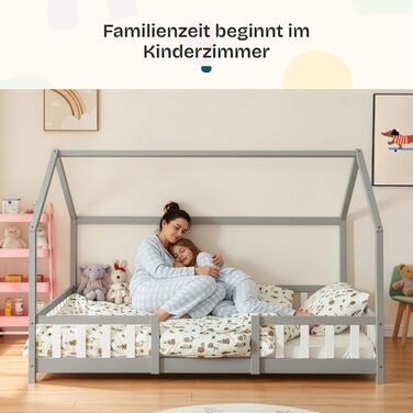 Ліжко дитяче Sisimiut Montessori 140x200 см з бар'єром. Дерев'яне ліжко для дітей, підлога, ламелі, сосна, світло-сірий/білий, без матрацу