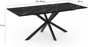Розсувний обідній стіл Alix, 160-200 см, для 6-10 осіб, чорний, з імітацією мармуру, на металевих ніжках