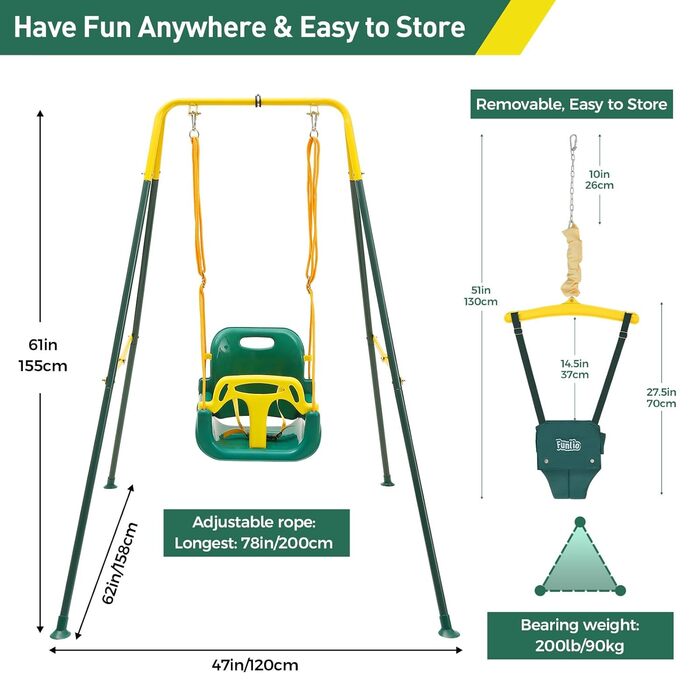 FUNLIO Набір 2-в-1: гойдалка та дверний батут для малюків. Гойдалка для дітей з 4 мішками з піском, складаний металевий стійка для використання в приміщенні та на вулиці, легко збирається та зберігається. (Зелений)