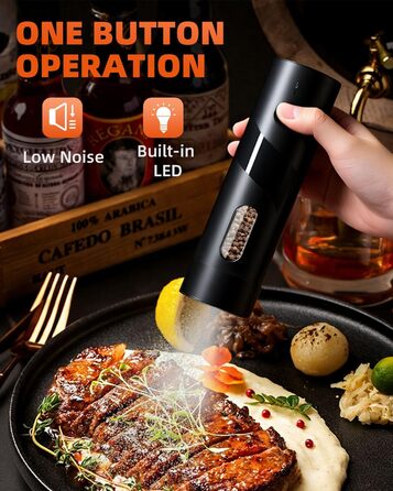 Електричний набір для солі та перцю з зарядною станцією, об'єм 110 мл, перезаряджувана млинка для солі з 5 рівнями, керамічна млинка з щіткою, 2 шт., чорний