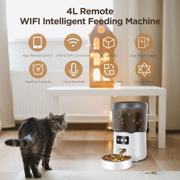Годівниця для котів, торговий автомат для котячого корму об'ємом 4 л з таймером, керування додатком, автоматичний дозатор їжі Wi-Fi, візуалізація контейнера для їжі, розділена миска для їжі з нержавіючої сталі, яку легко чистити