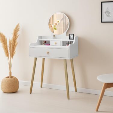 Дзеркальний туалетний столик DATO з LED-підсвічуванням, 3 режими кольору та регулюванням яскравості, з пуфом, 5 шухляд та 3 полиці, розсувний дзеркало (121)