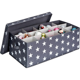 Коробка для зберігання новорічних дрібничок - Коробка для тканинних ялинкових іграшок - Посилена картоном - 30 відділень - Сіра з зірочками - 58x36x25 см